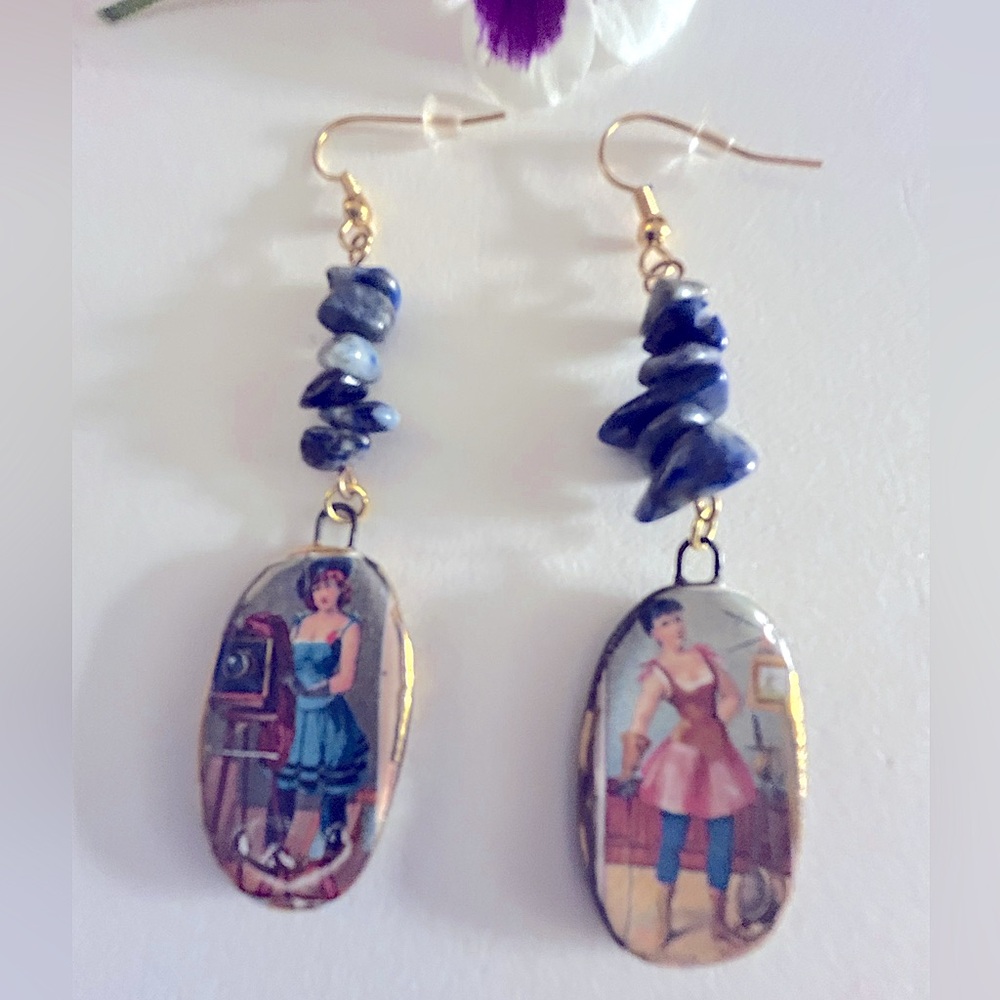Earrings NWOT Artisan Naughty Victorian Ladies Ceramic Sodalite stone 3” pierced - Picture 8 of 11